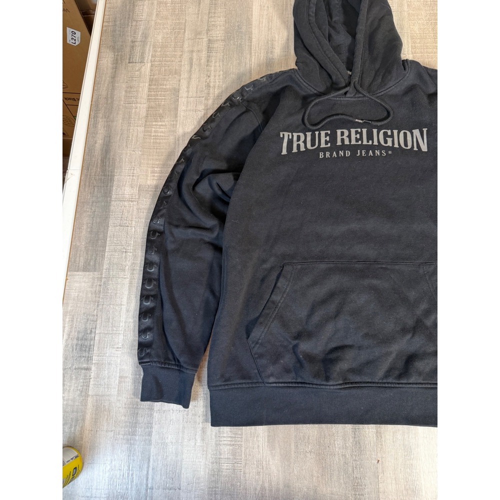 True Religion Mens Tonal Silicone Tape Logo Hoodie Black 2XL Pullover 700977 - Picture 11 of 12